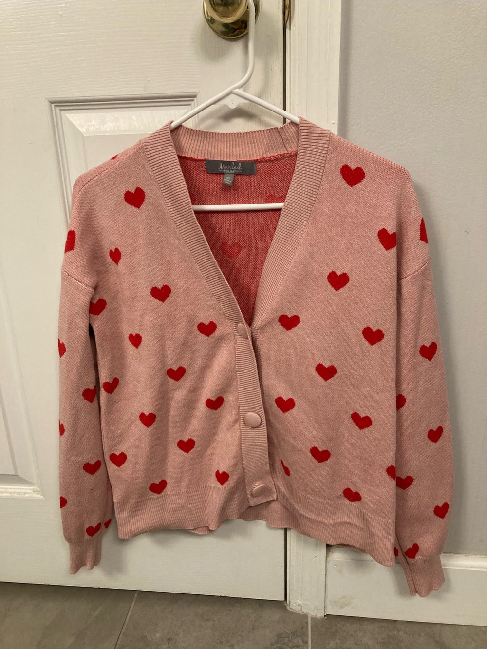Marled Pink Heart Pattern Sweater Cardigan Size XS